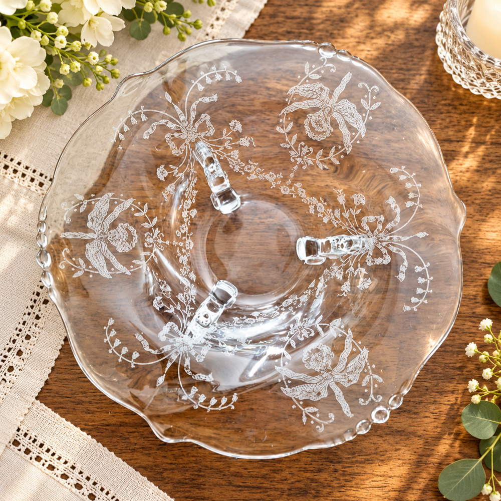 Vintage Heisey Orchid Etch 507 Three-Toed Console Bowl Crystal 11” Elegant Glass